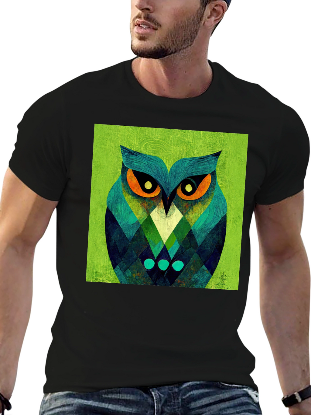 Geometric Owl Graphic Tee - Black Cotton Blend