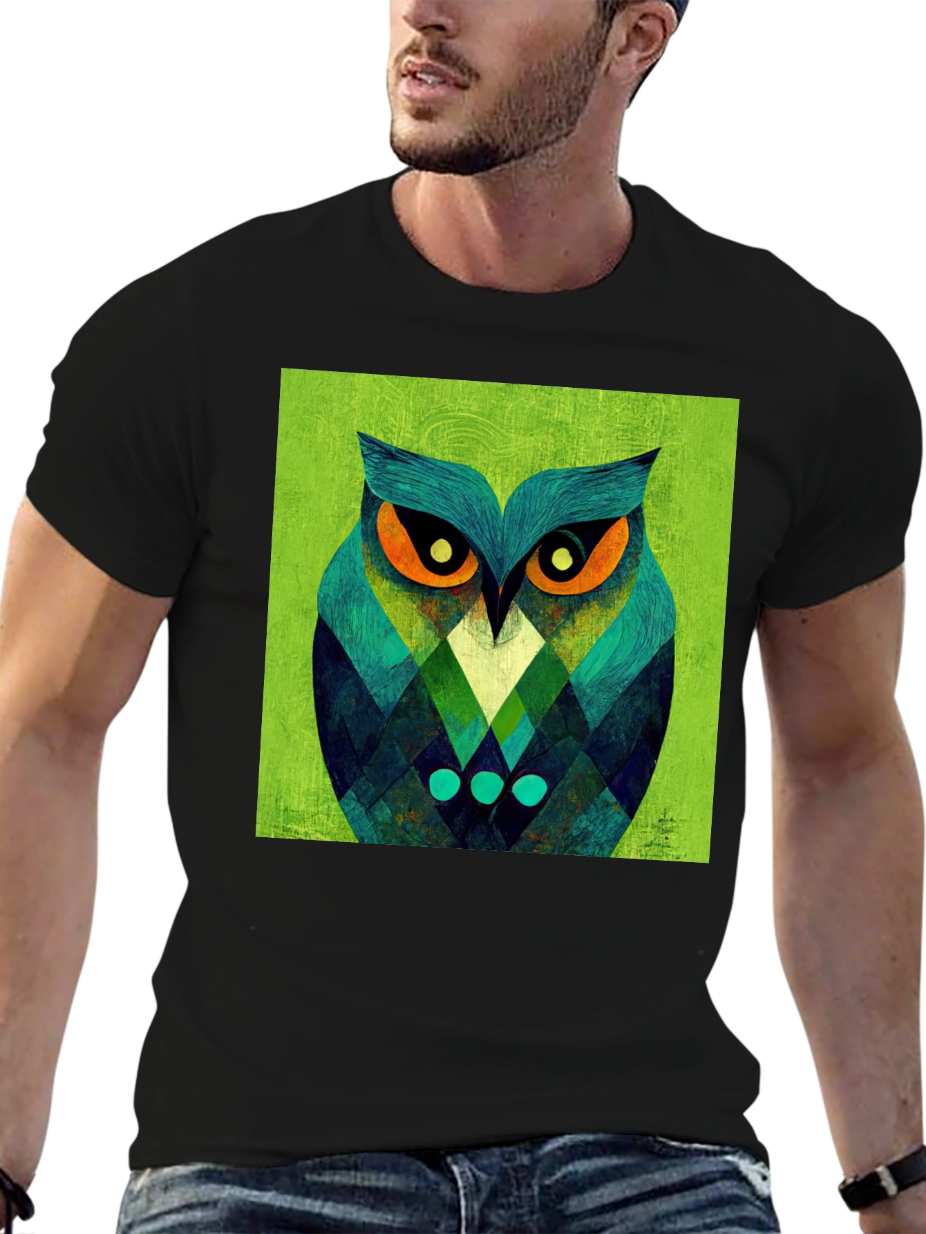 Geometric Owl Graphic Tee - Black Cotton Blend