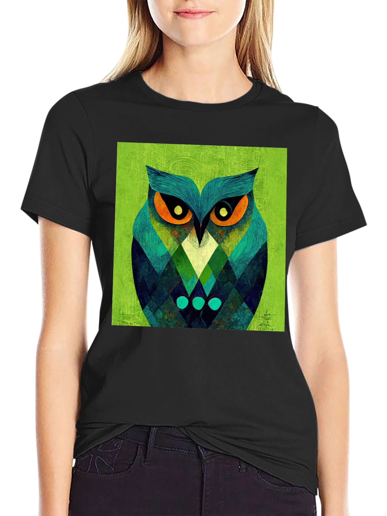 Geometric Owl Graphic Tee - Black Cotton Blend