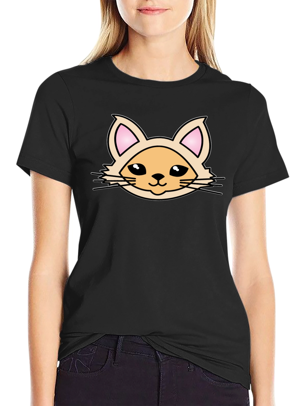 Cute Cartoon Cat Graphic T-Shirt - Black
