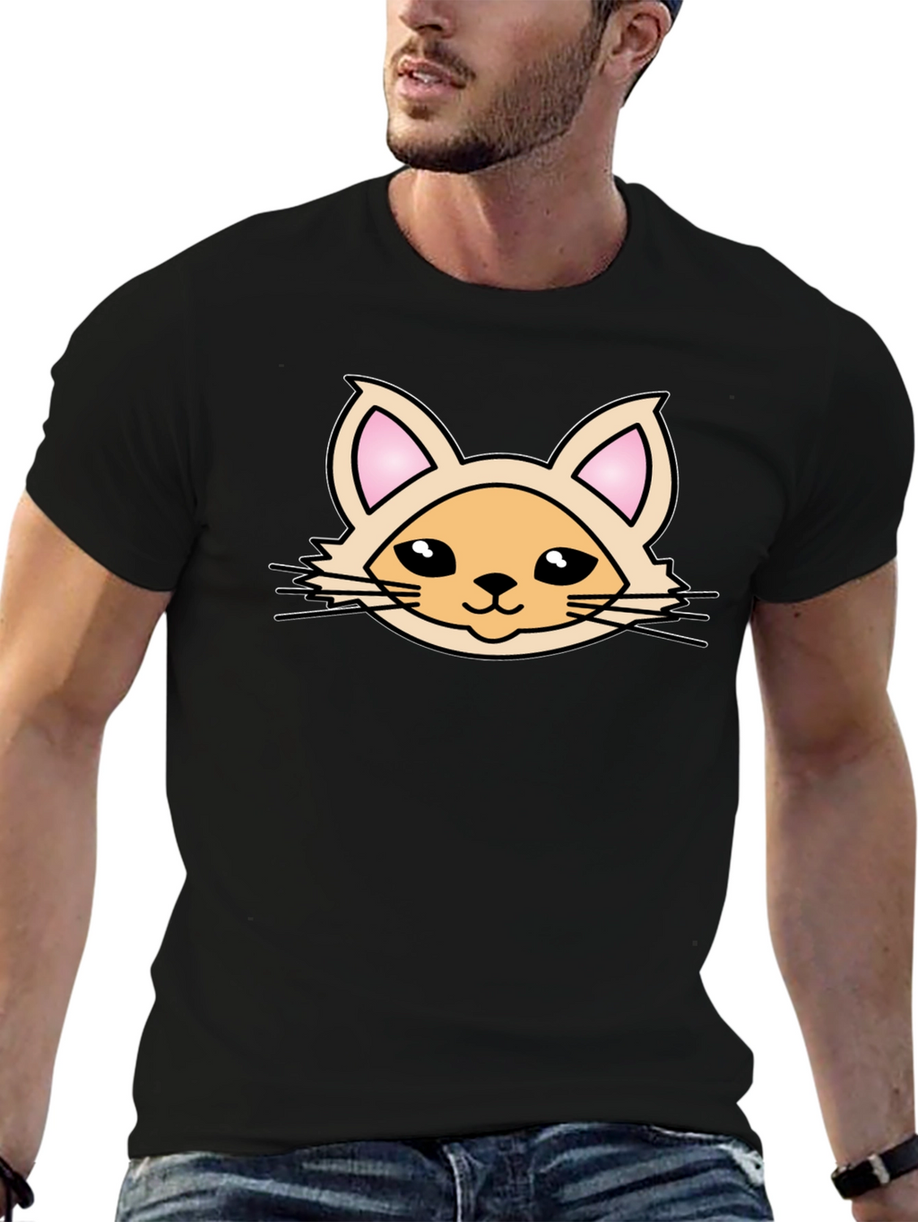 Cute Cartoon Cat Graphic T-Shirt - Black
