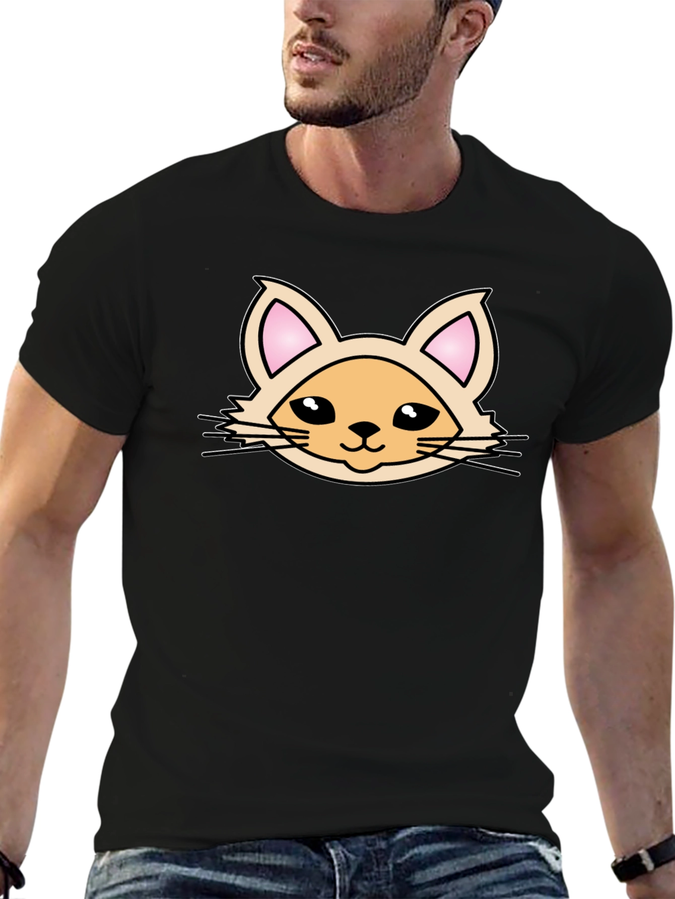 Cute Cartoon Cat Graphic T-Shirt - Black