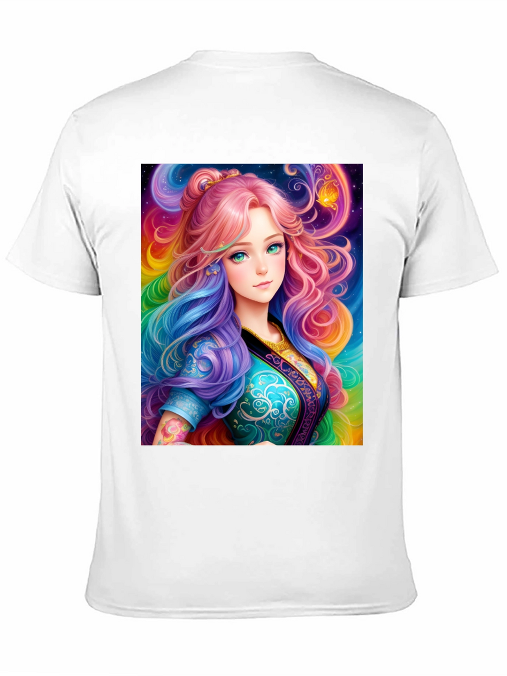 Anime Girl Rainbow Hair Black T-Shirt