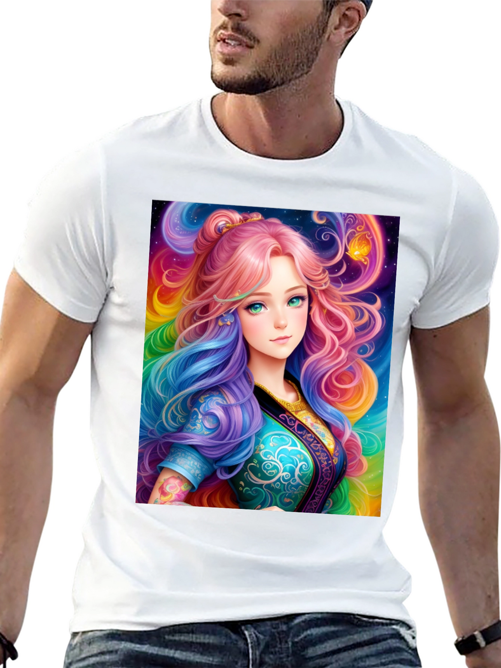 Anime Girl Rainbow Hair Black T-Shirt