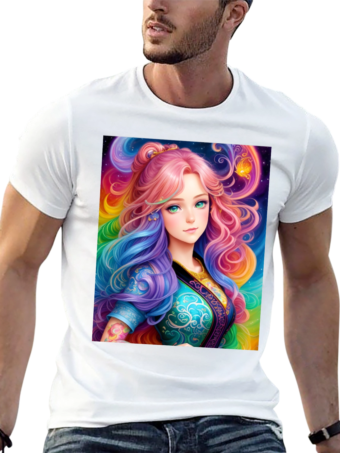 Anime Girl Rainbow Hair Black T-Shirt