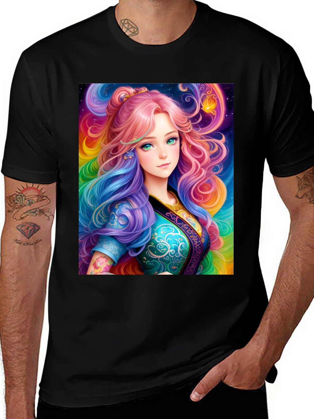 Anime Girl Rainbow Hair Black T-Shirt