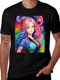 Anime Girl Rainbow Hair Black T-Shirt