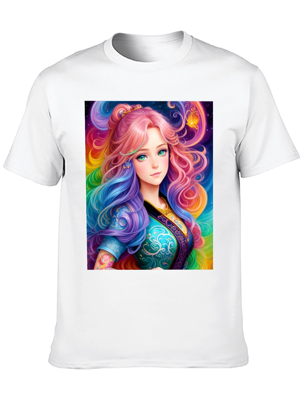 Anime Girl Rainbow Hair Black T-Shirt