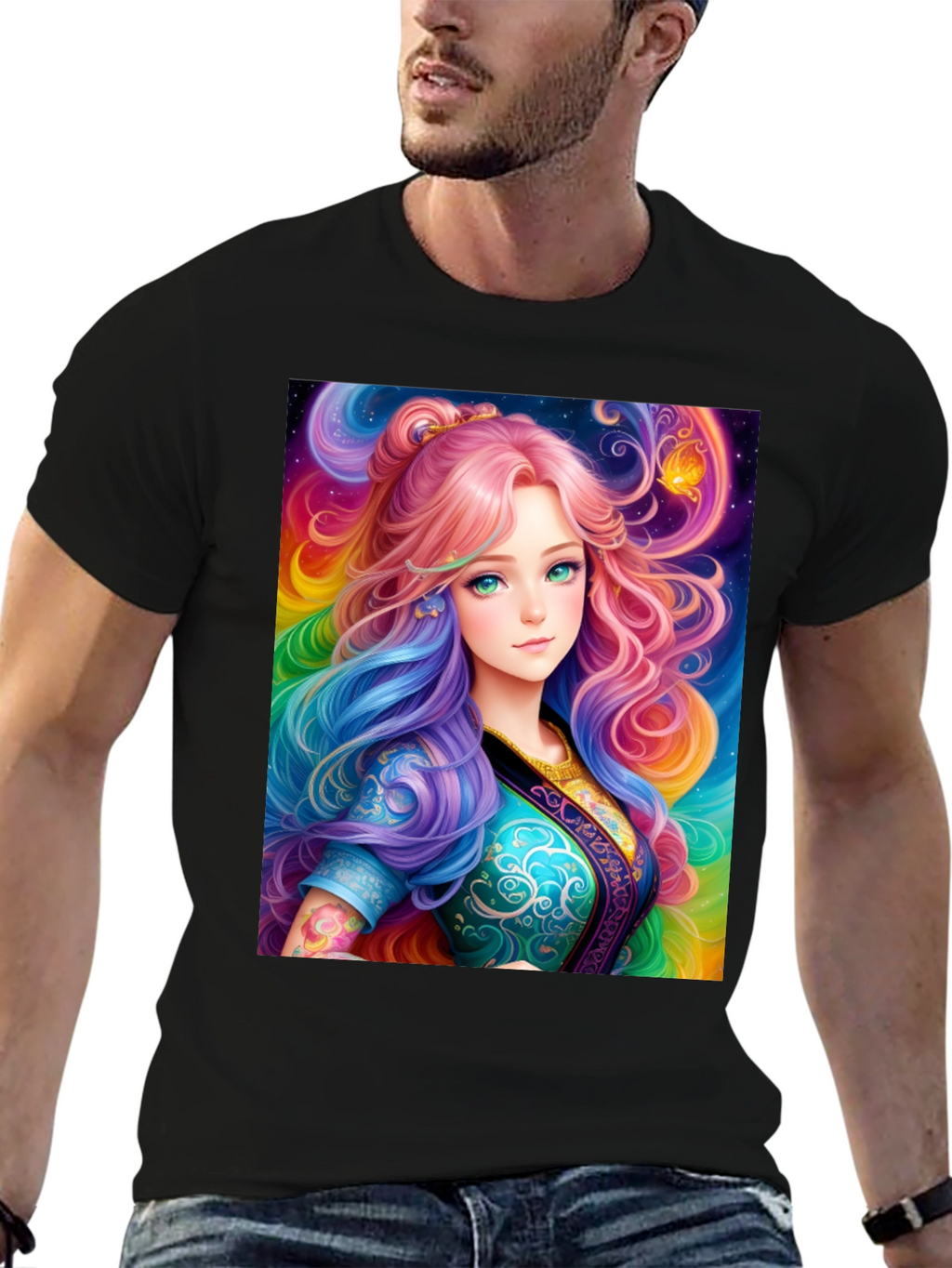 Anime Girl Rainbow Hair Black T-Shirt
