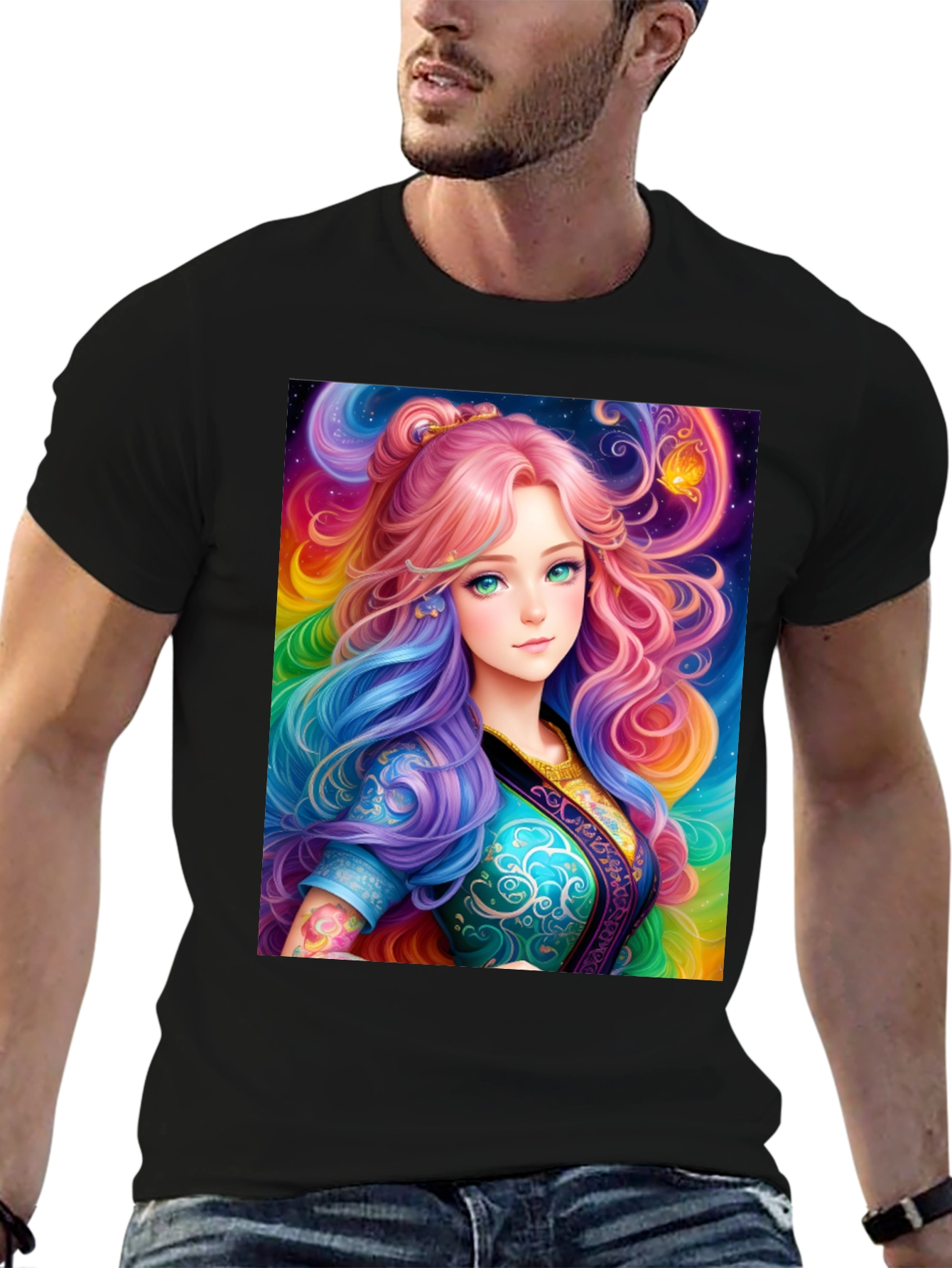 Anime Girl Rainbow Hair Black T-Shirt