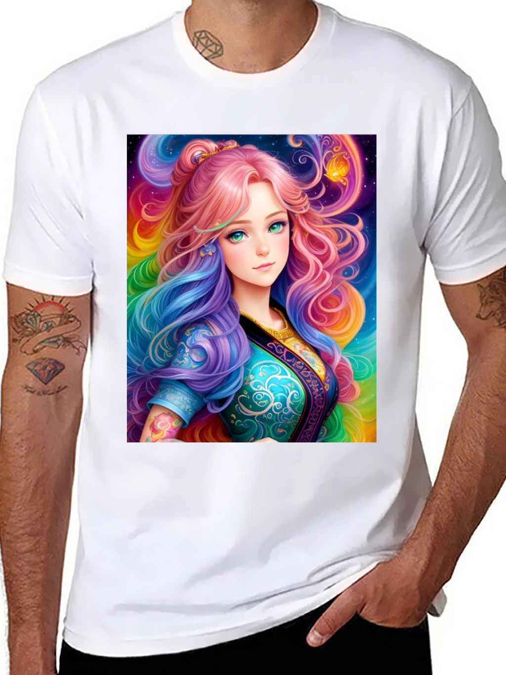 Anime Girl Rainbow Hair Black T-Shirt