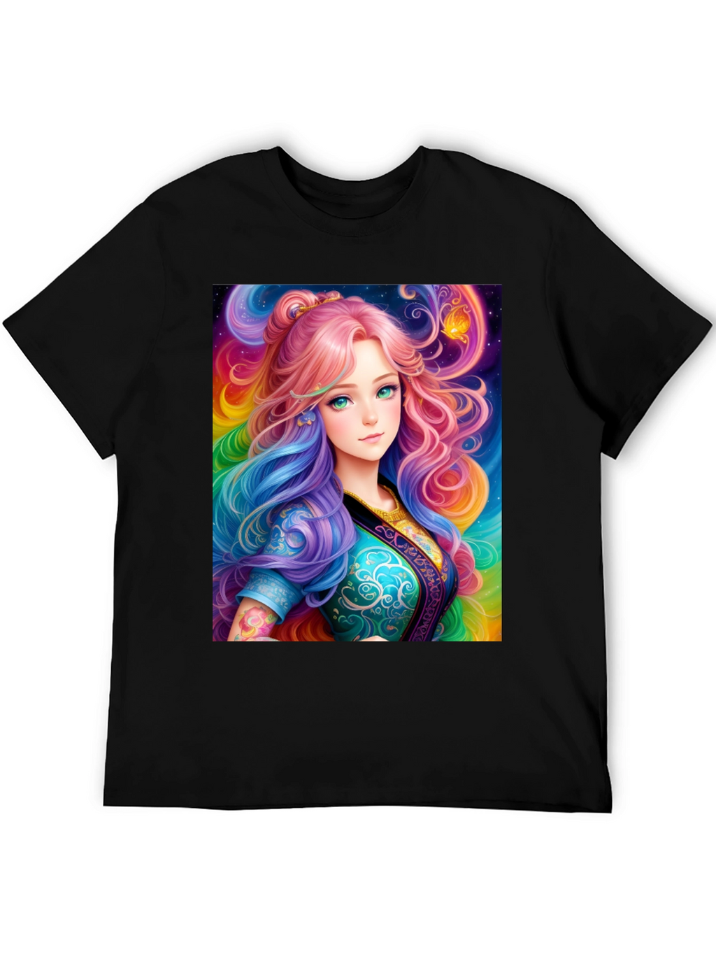 Anime Girl Rainbow Hair Black T-Shirt