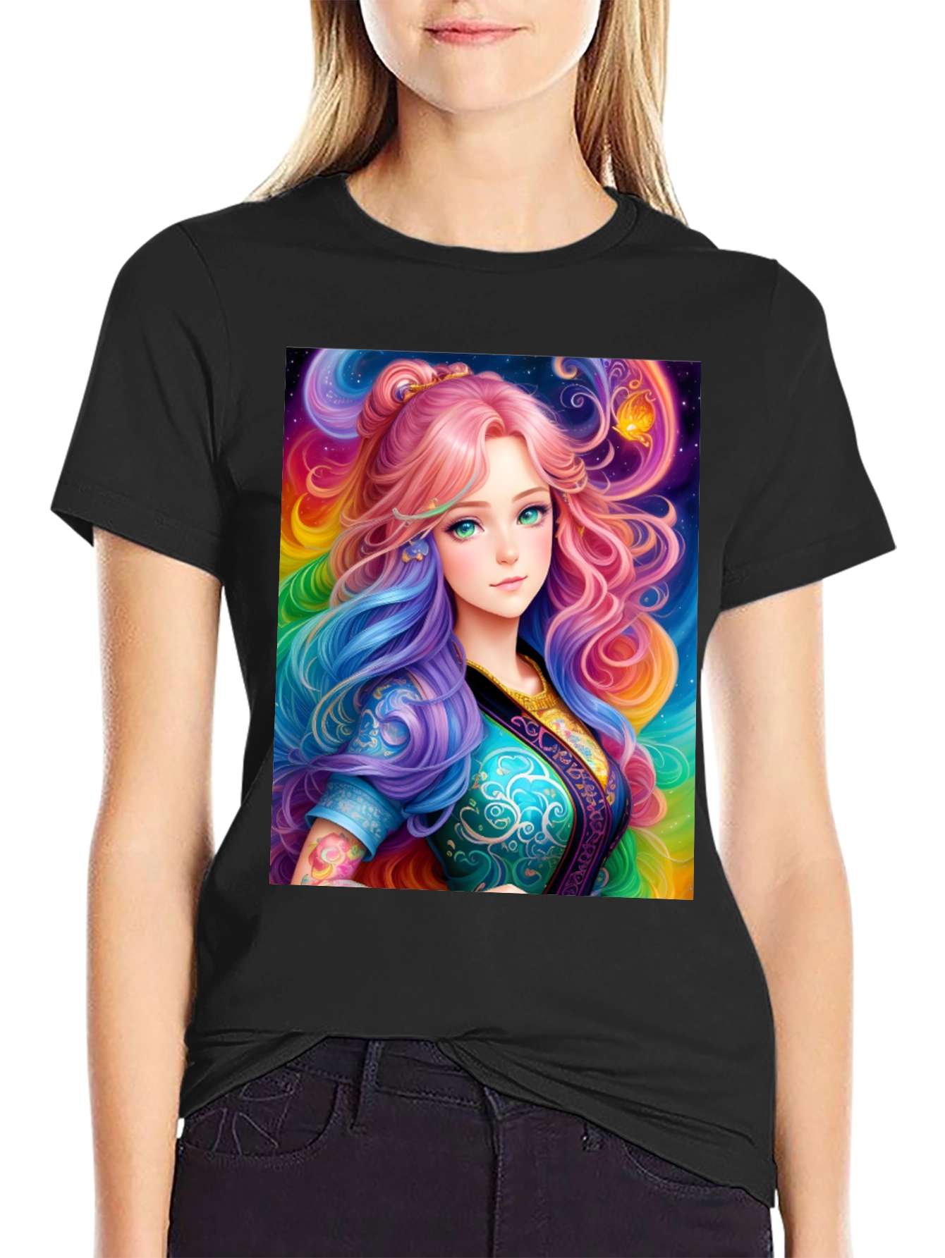 Anime Girl Rainbow Hair Black T-Shirt