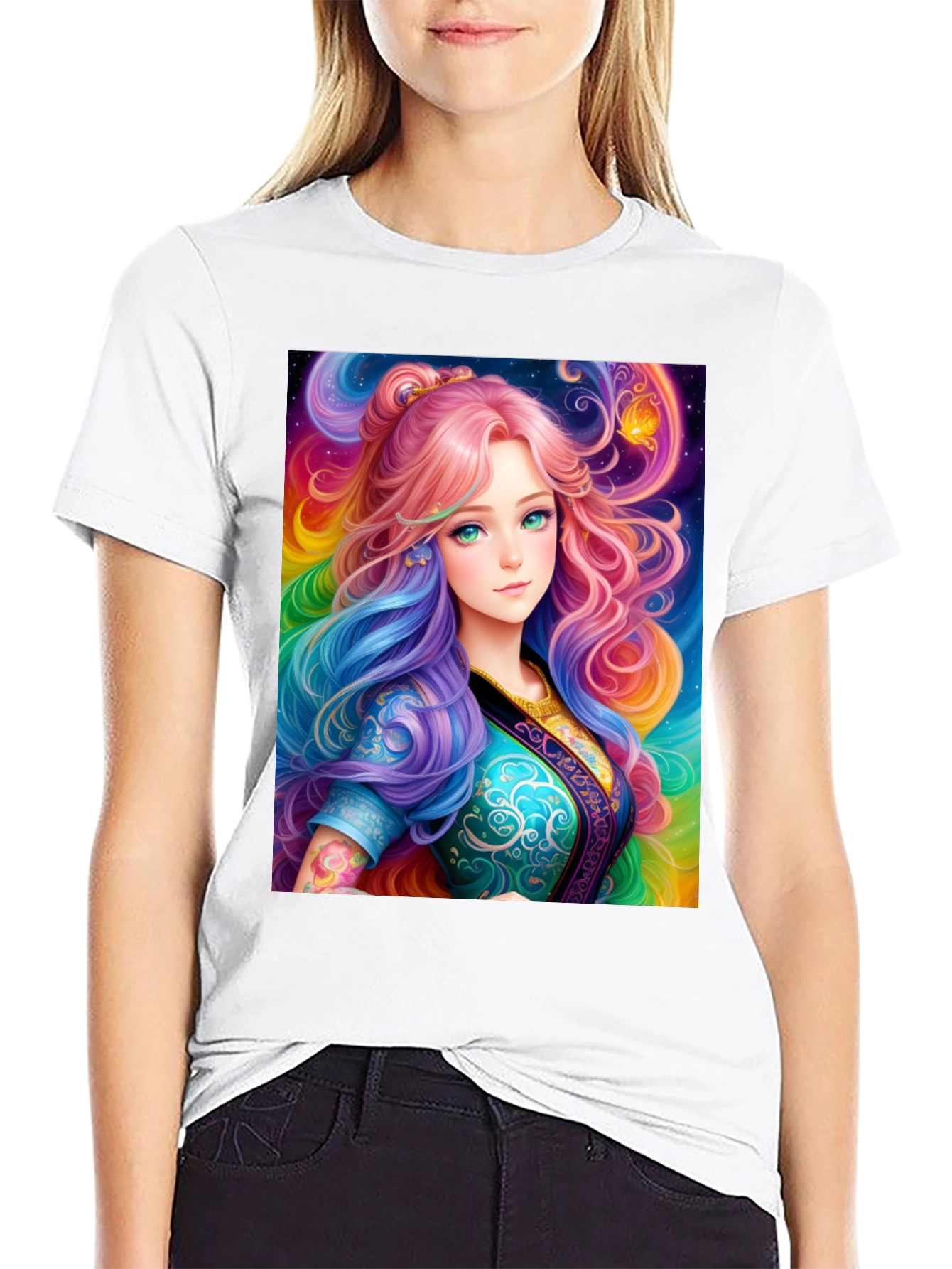 Anime Girl Rainbow Hair Black T-Shirt