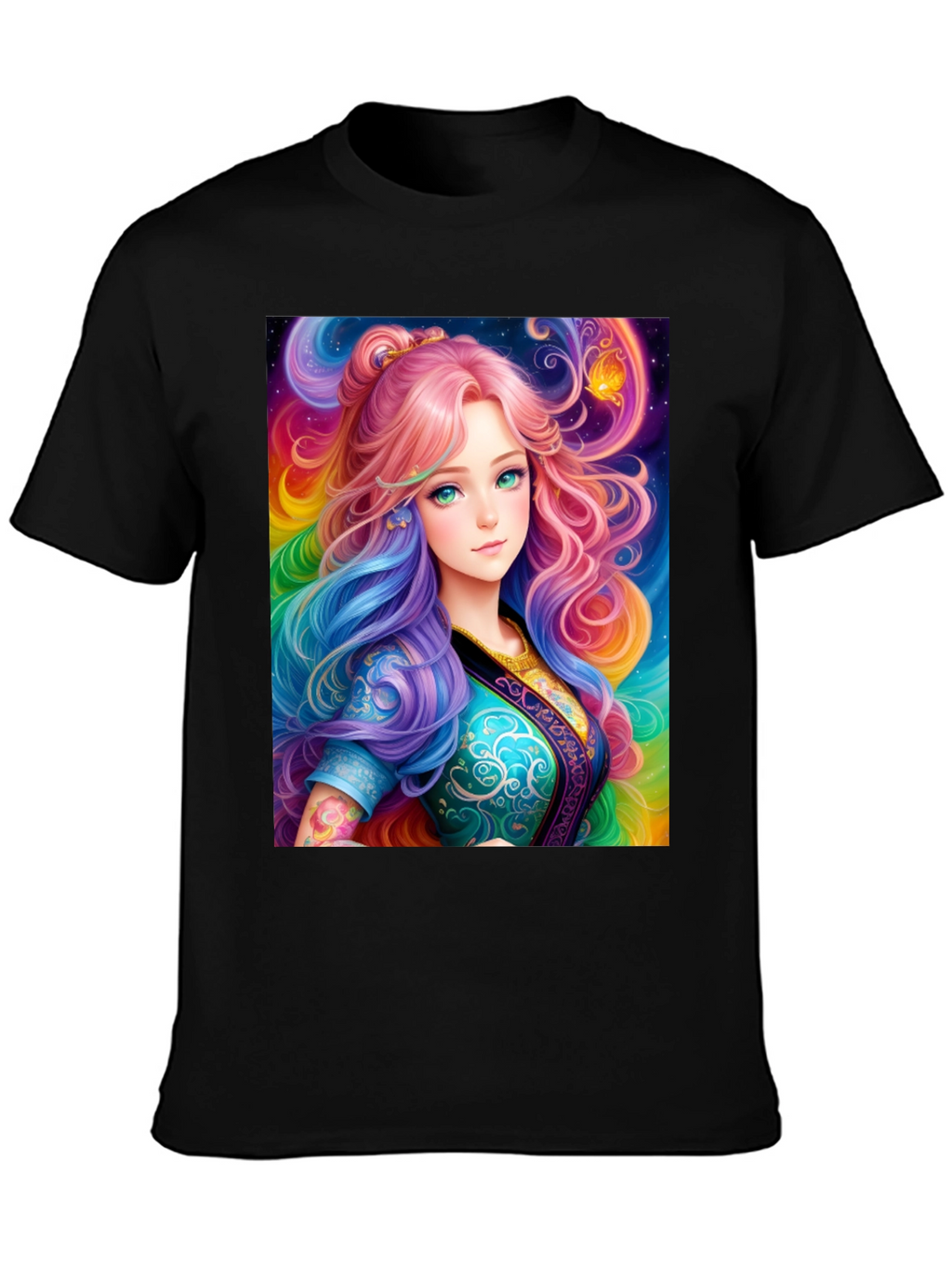 Anime Girl Rainbow Hair Black T-Shirt