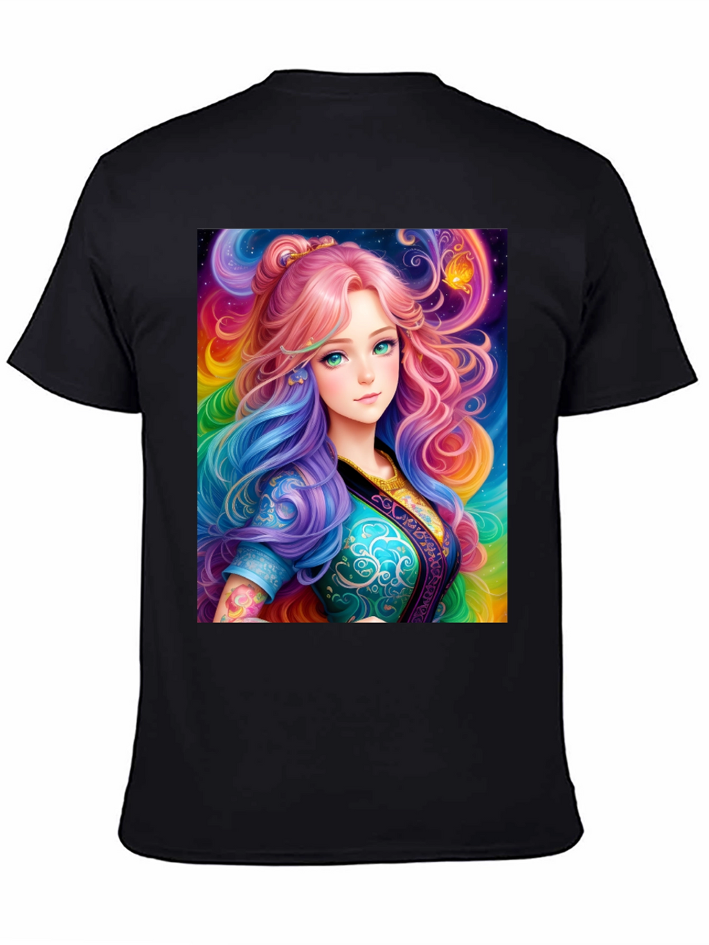 Anime Girl Rainbow Hair Black T-Shirt