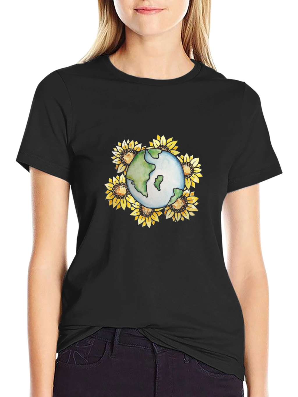 Earth & Sunflower Graphic Black T-Shirt
