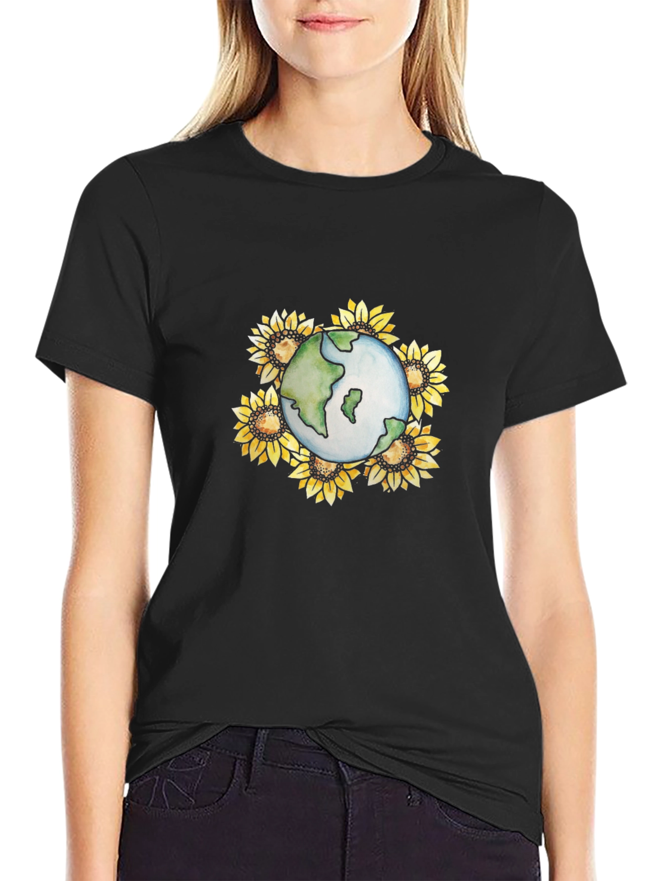 Earth & Sunflower Graphic Black T-Shirt