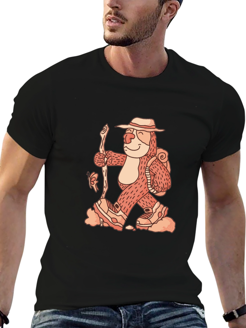 Hiking Sloth Graphic Tee - Black Cotton Comfort