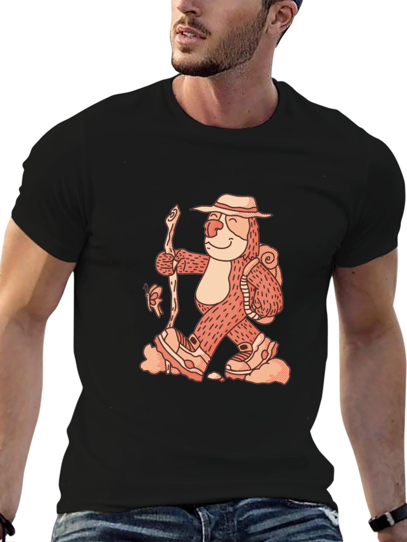 Hiking Sloth Graphic Tee - Black Cotton Comfort