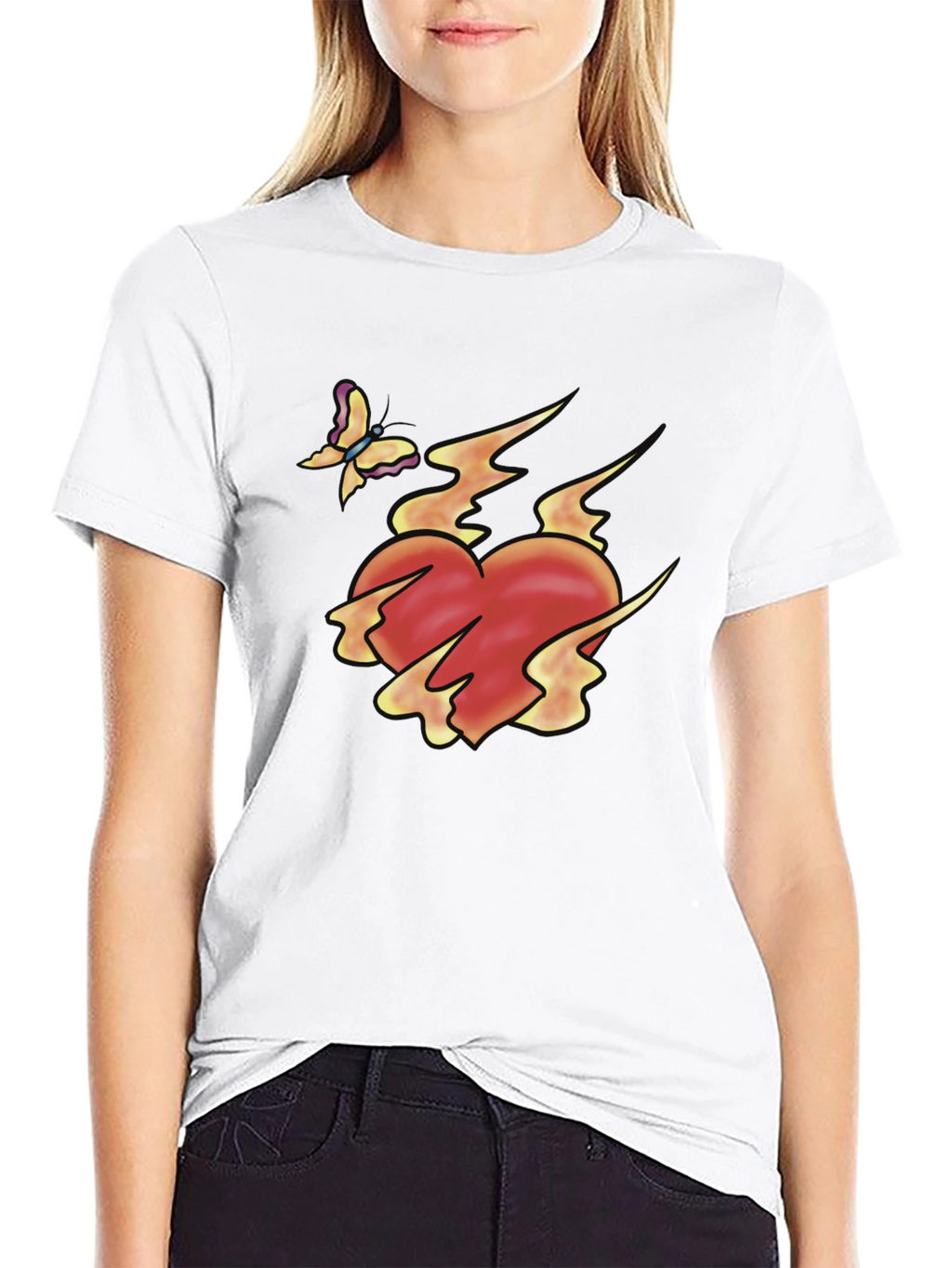 Flaming Heart & Butterfly Black Graphic Tee