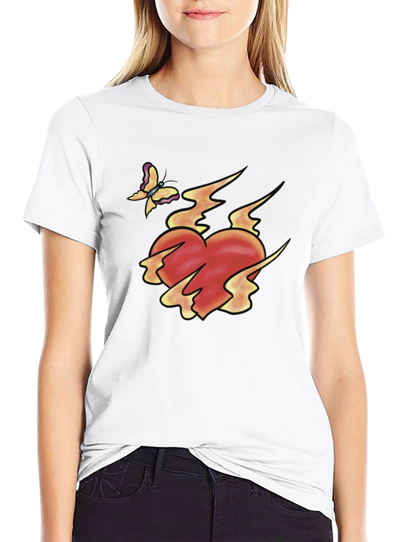 Flaming Heart & Butterfly Black Graphic Tee