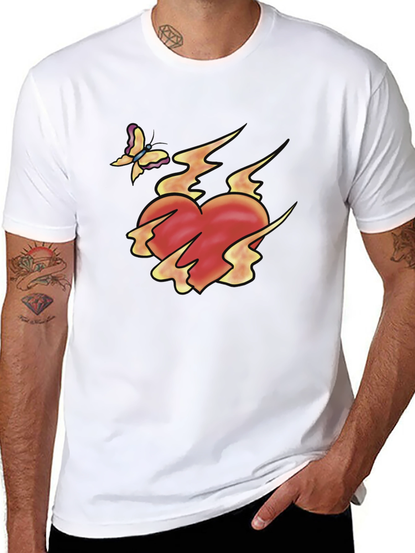 Flaming Heart & Butterfly Black Graphic Tee