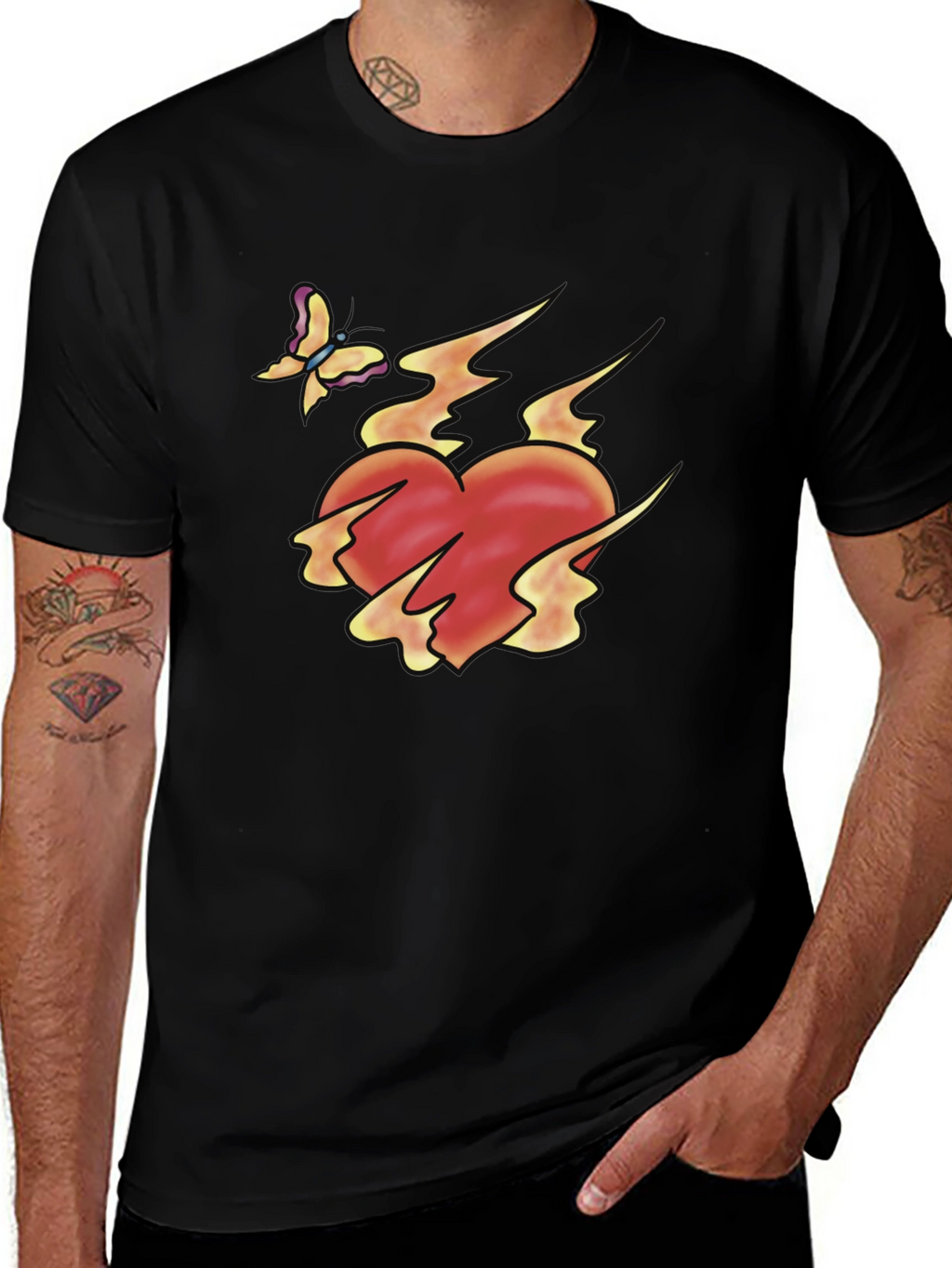 Flaming Heart & Butterfly Black Graphic Tee
