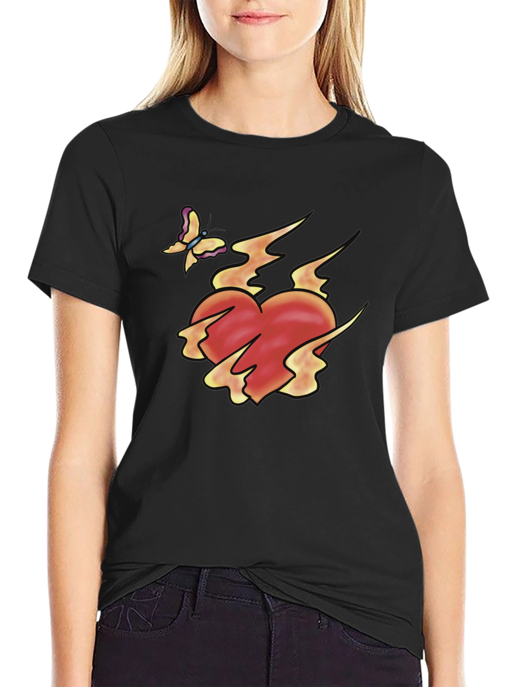 Flaming Heart & Butterfly Black Graphic Tee
