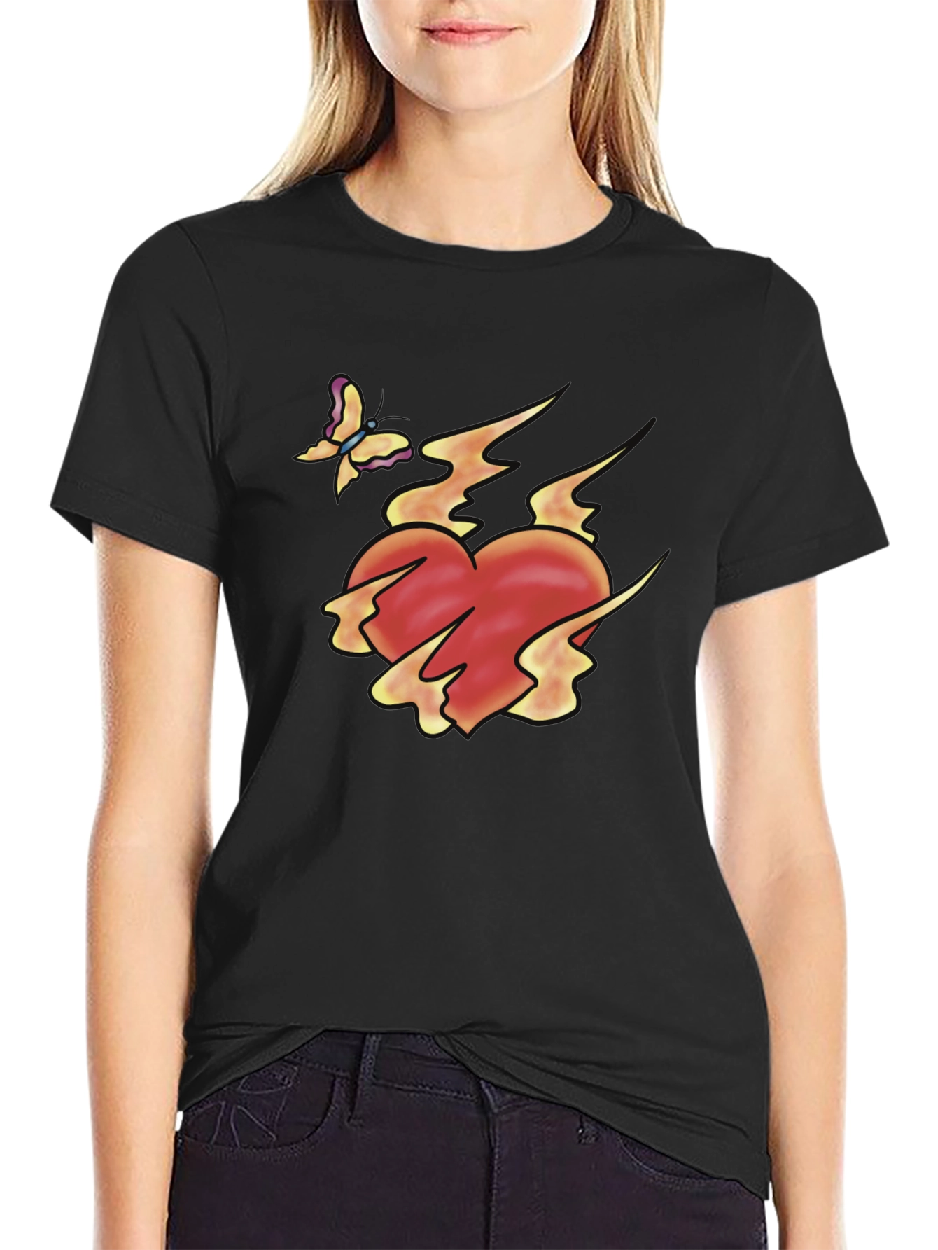 Flaming Heart & Butterfly Black Graphic Tee