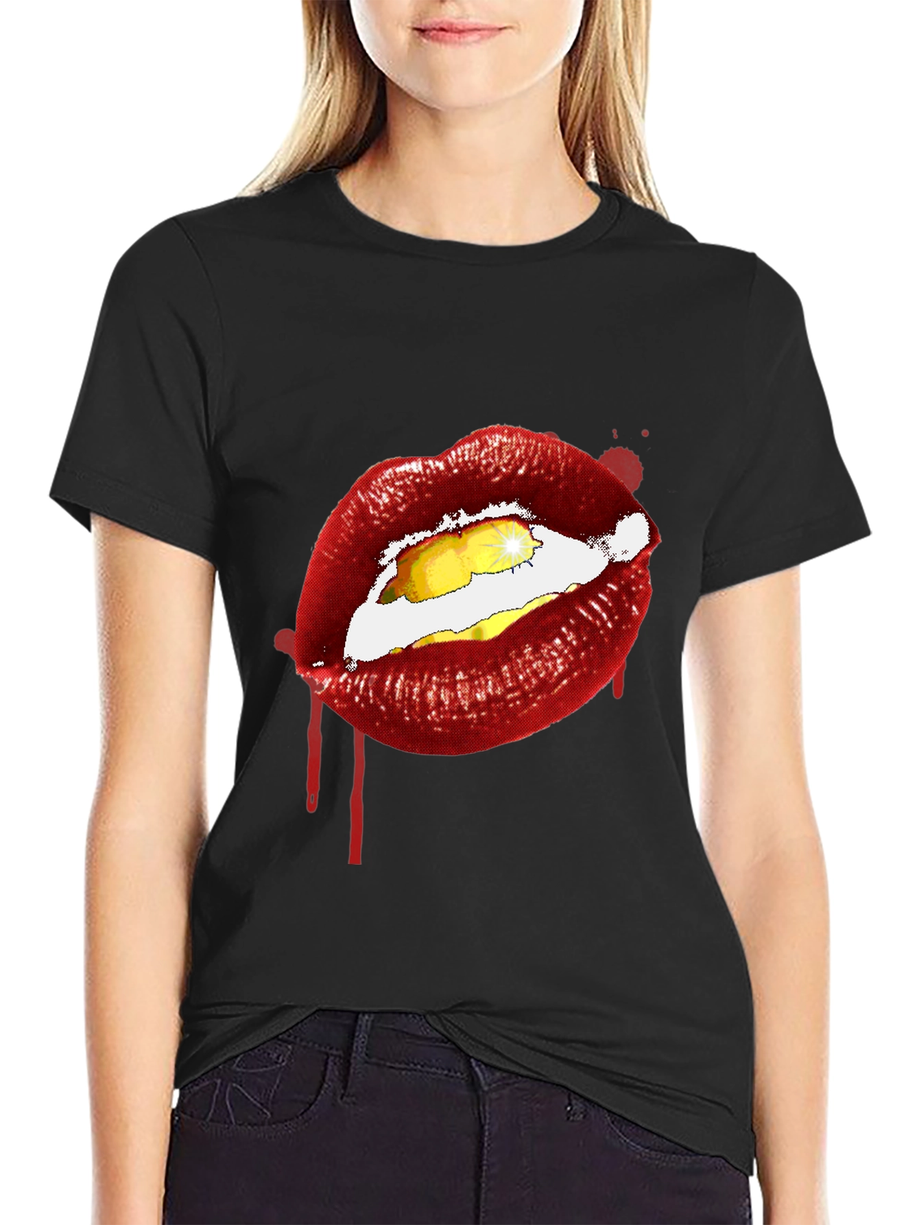 Lips Graphic Print Tee - Edgy Black T-Shirt