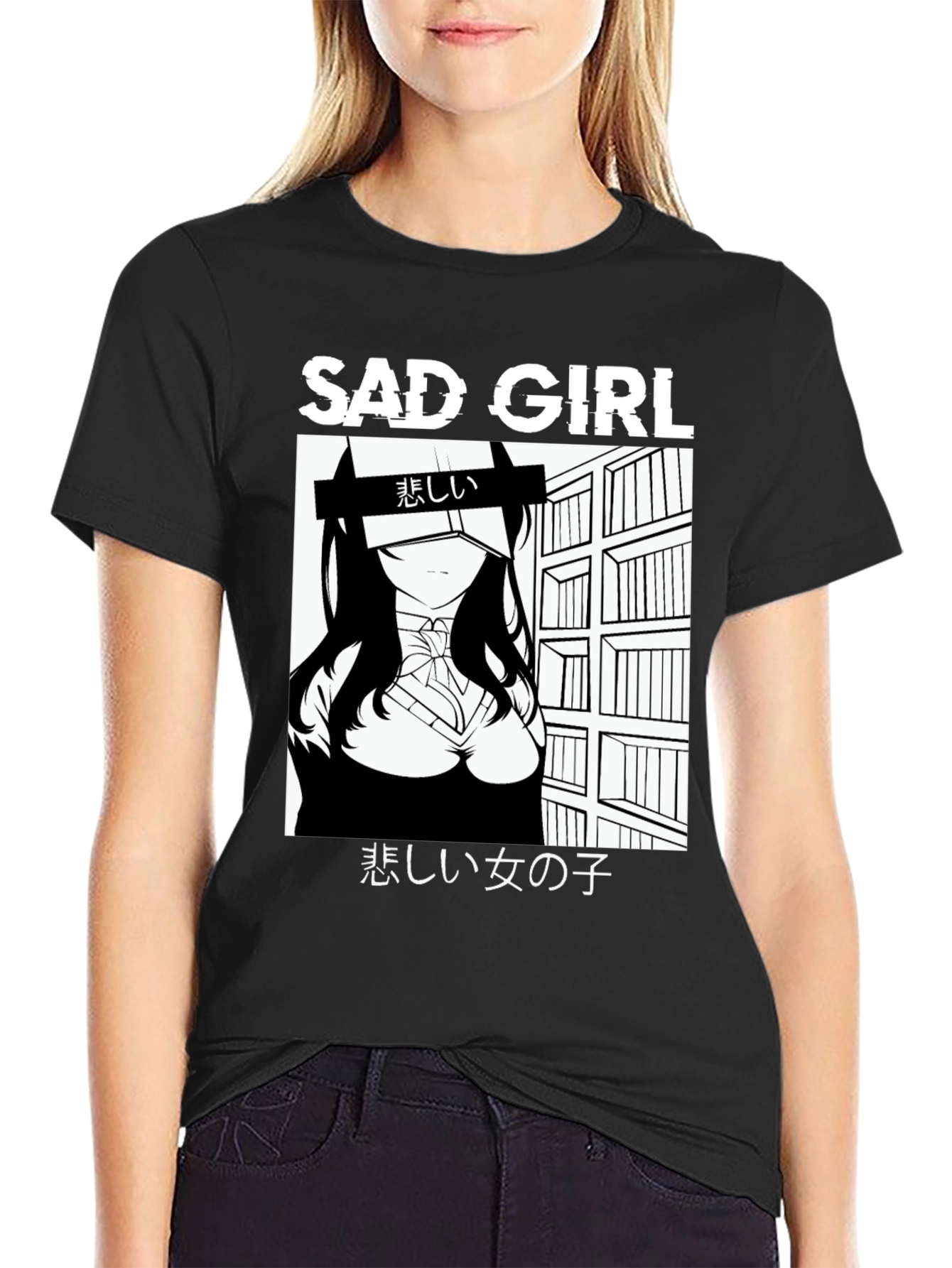 Sad Girl Anime Graphic Black T-Shirt
