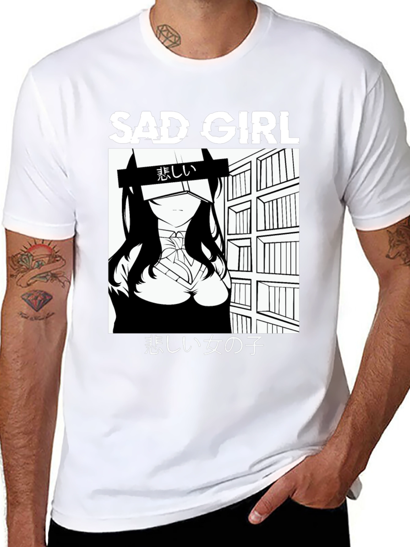 Sad Girl Anime Graphic Black T-Shirt