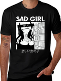 Sad Girl Anime Graphic Black T-Shirt