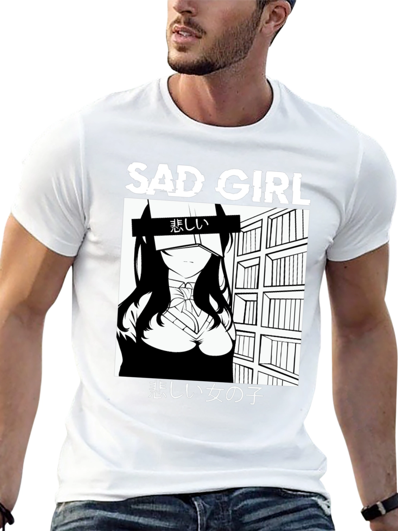 Sad Girl Anime Graphic Black T-Shirt
