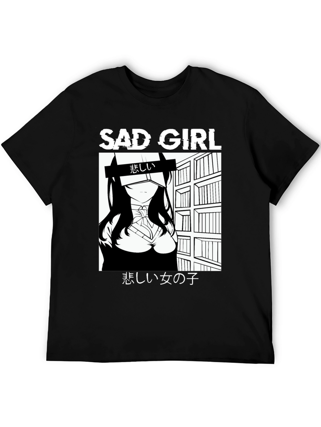 Sad Girl Anime Graphic Black T-Shirt