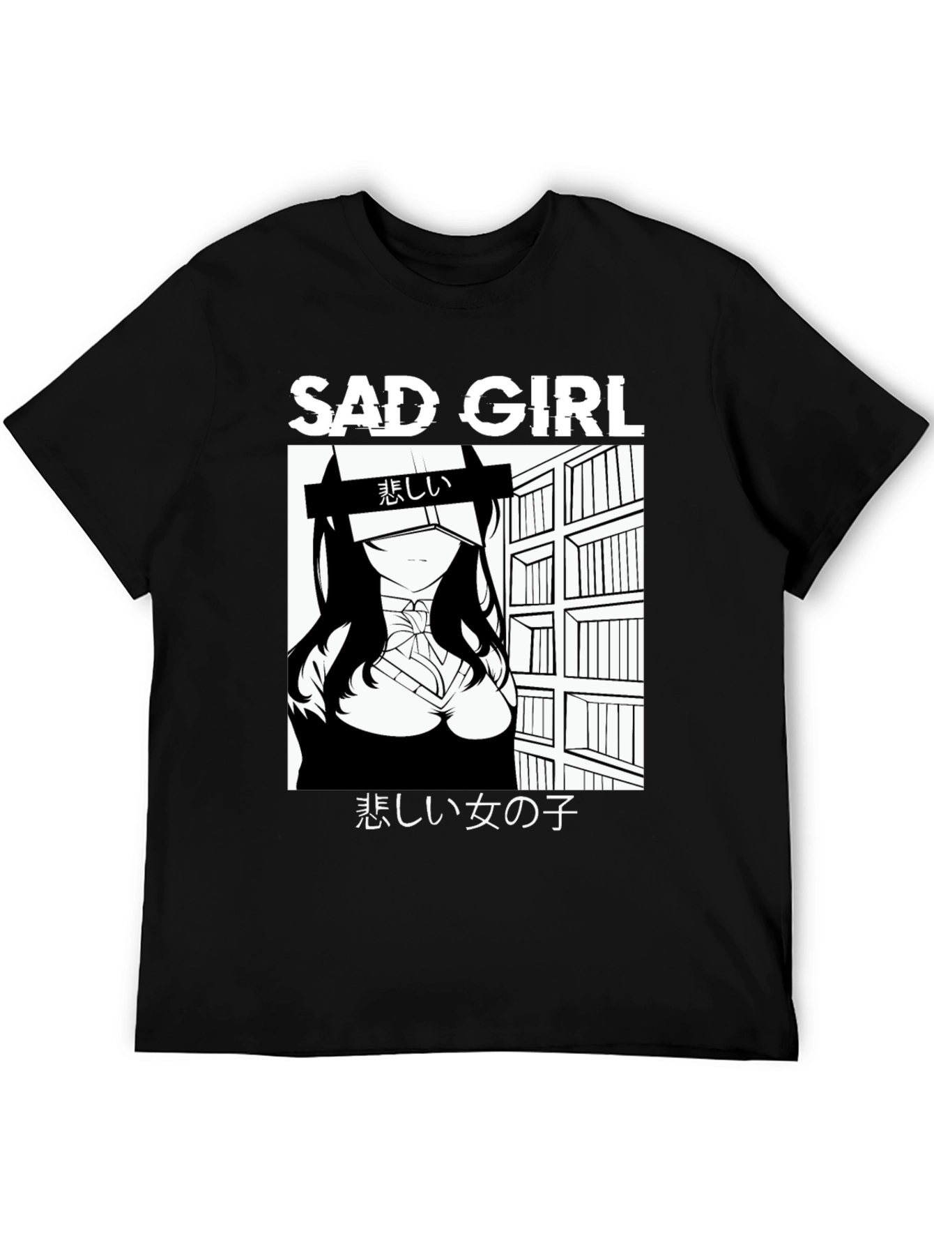 Sad Girl Anime Graphic Black T-Shirt