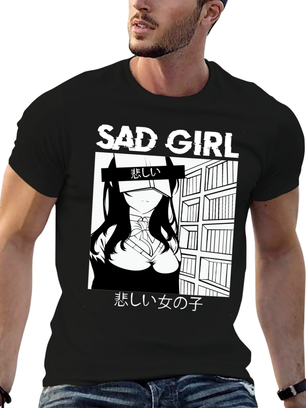 Sad Girl Anime Graphic Black T-Shirt