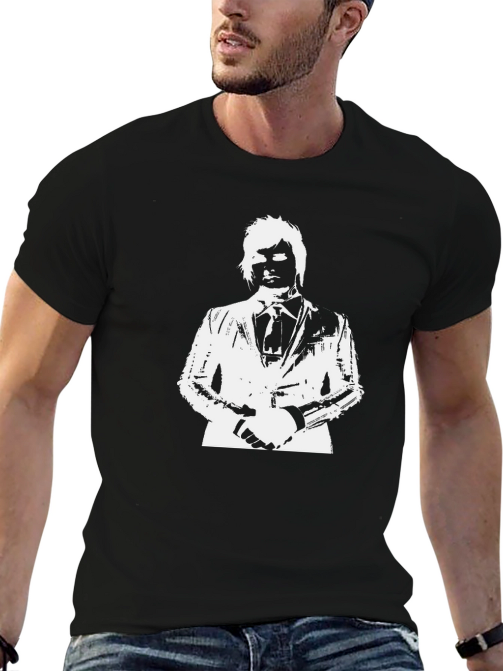 Mens Black T-Shirt with White Suit Graphic