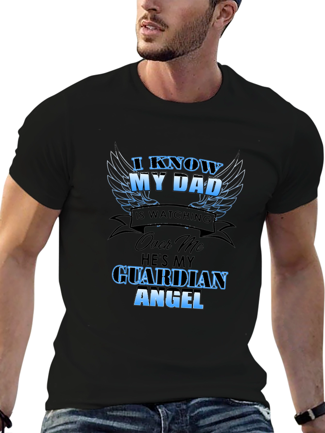 I Know My Dad Guardian Angel Black T-Shirt