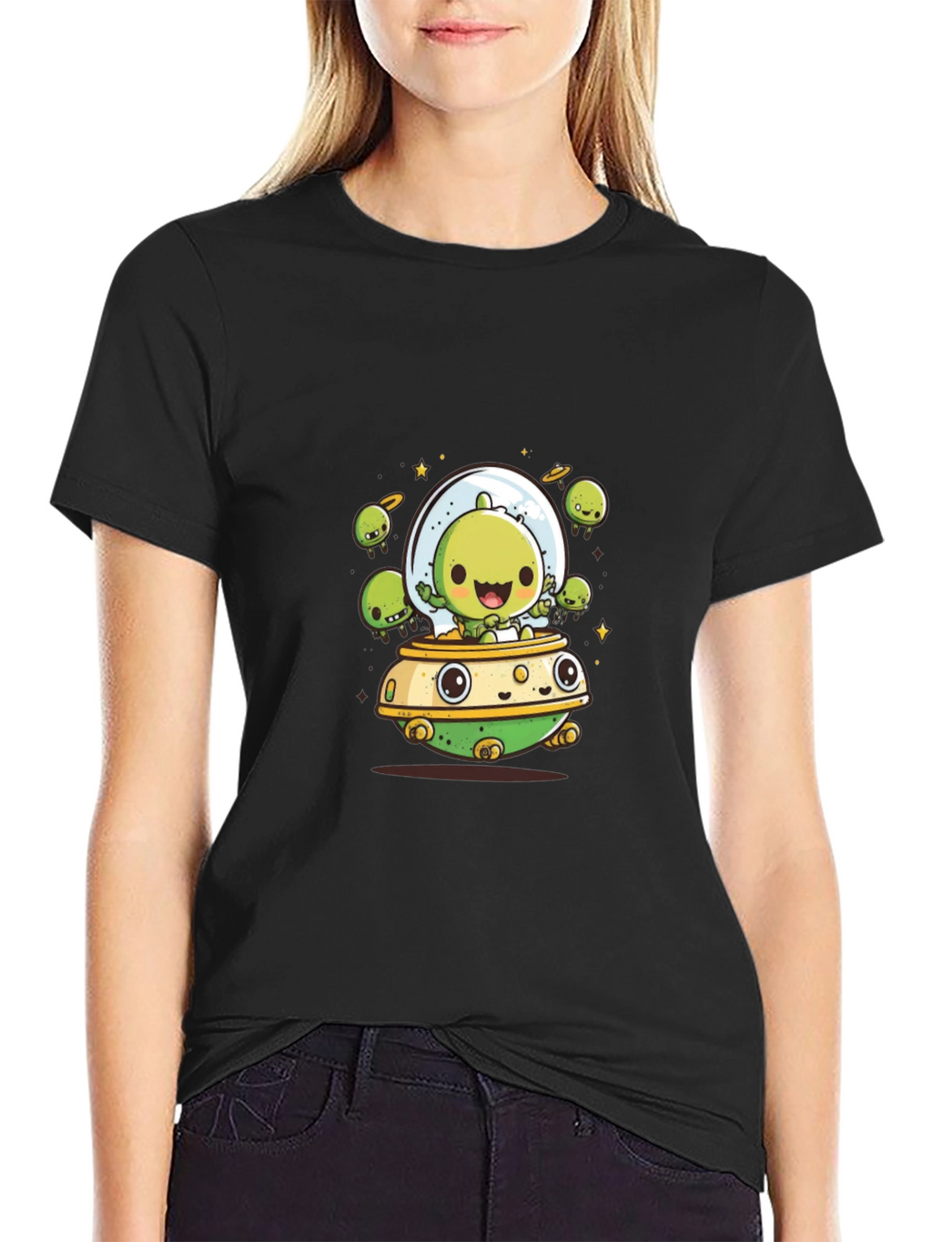 Cute Alien UFO T-Shirt - Black