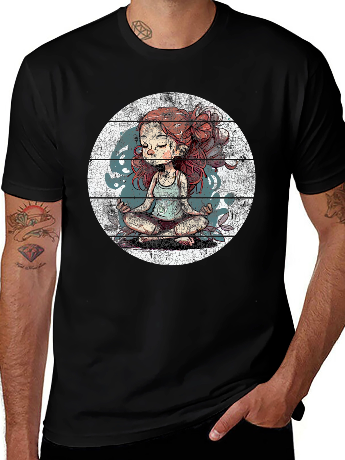 Meditating Girl Graphic Tee - Black Cotton Blend