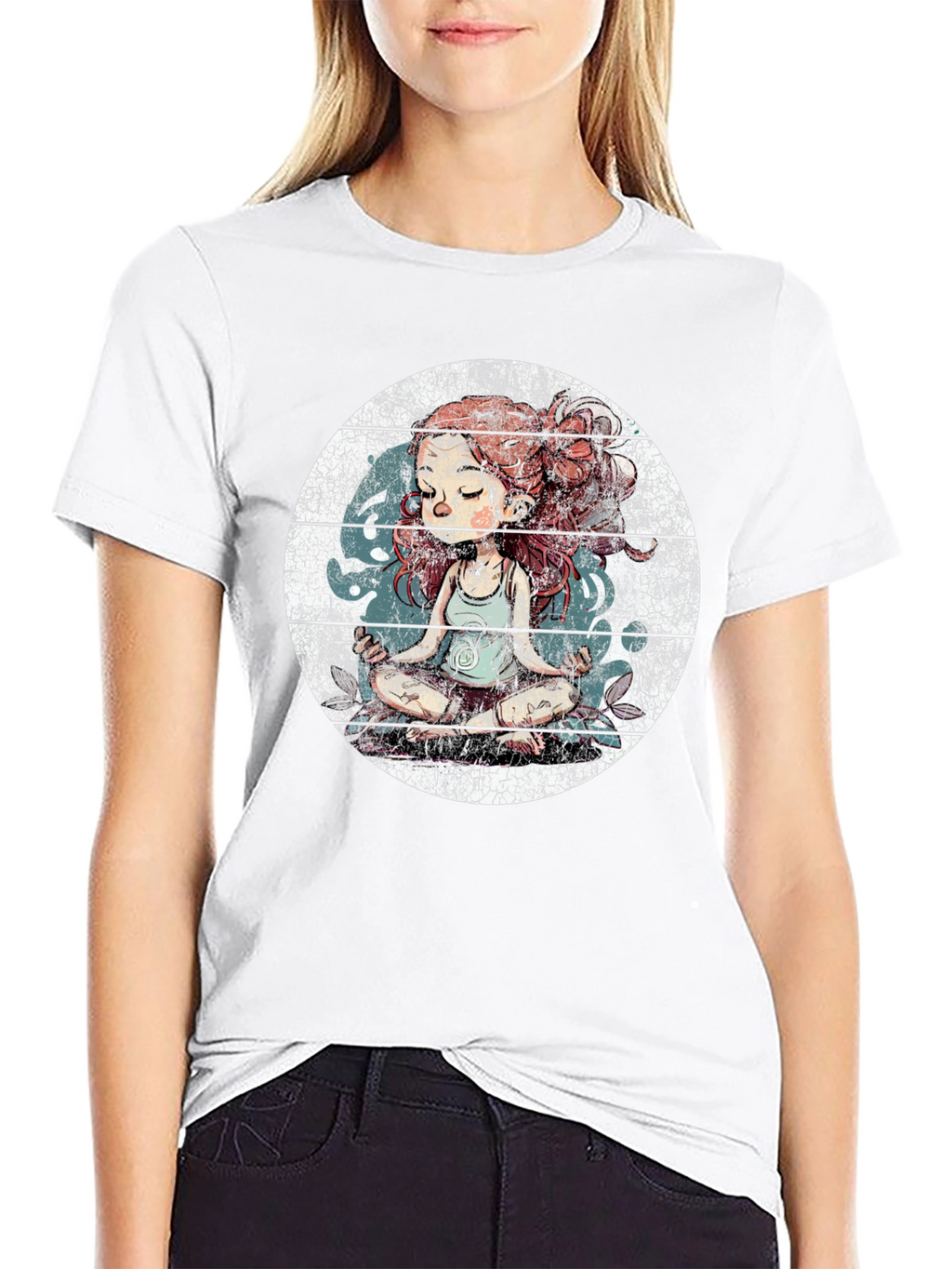 Meditating Girl Graphic Tee - Black Cotton Blend