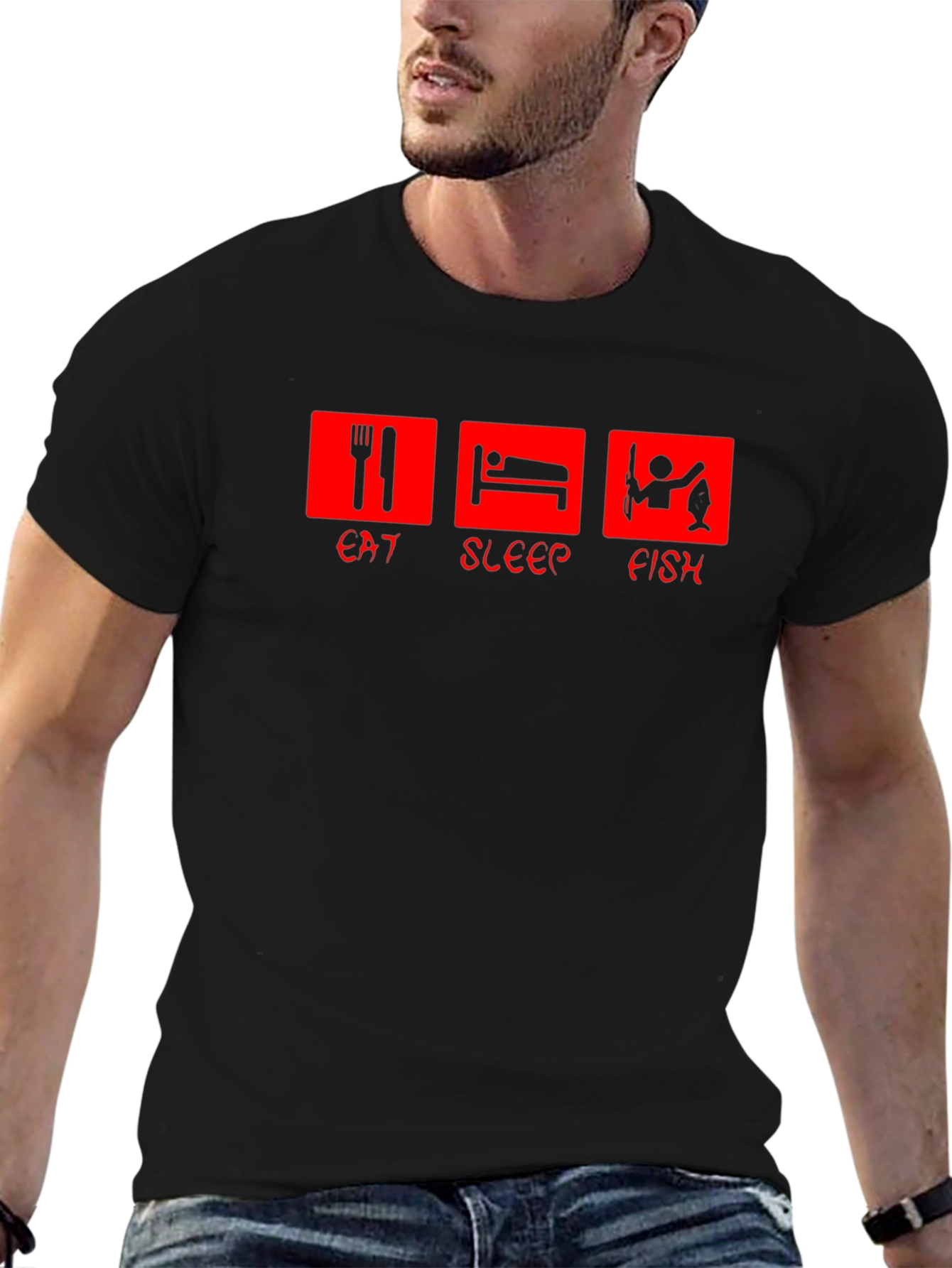 Eat Sleep Fish Graphic Tee - Black Cotton T-Shirt