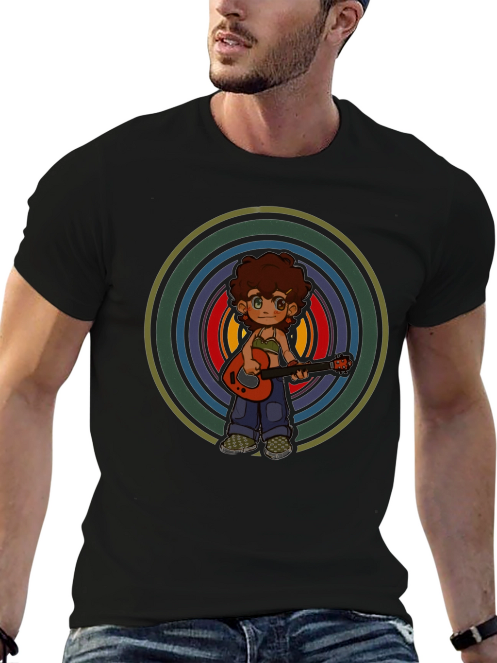Retro Guitar Player Graphic Tee - Unisex Black T-Shirt