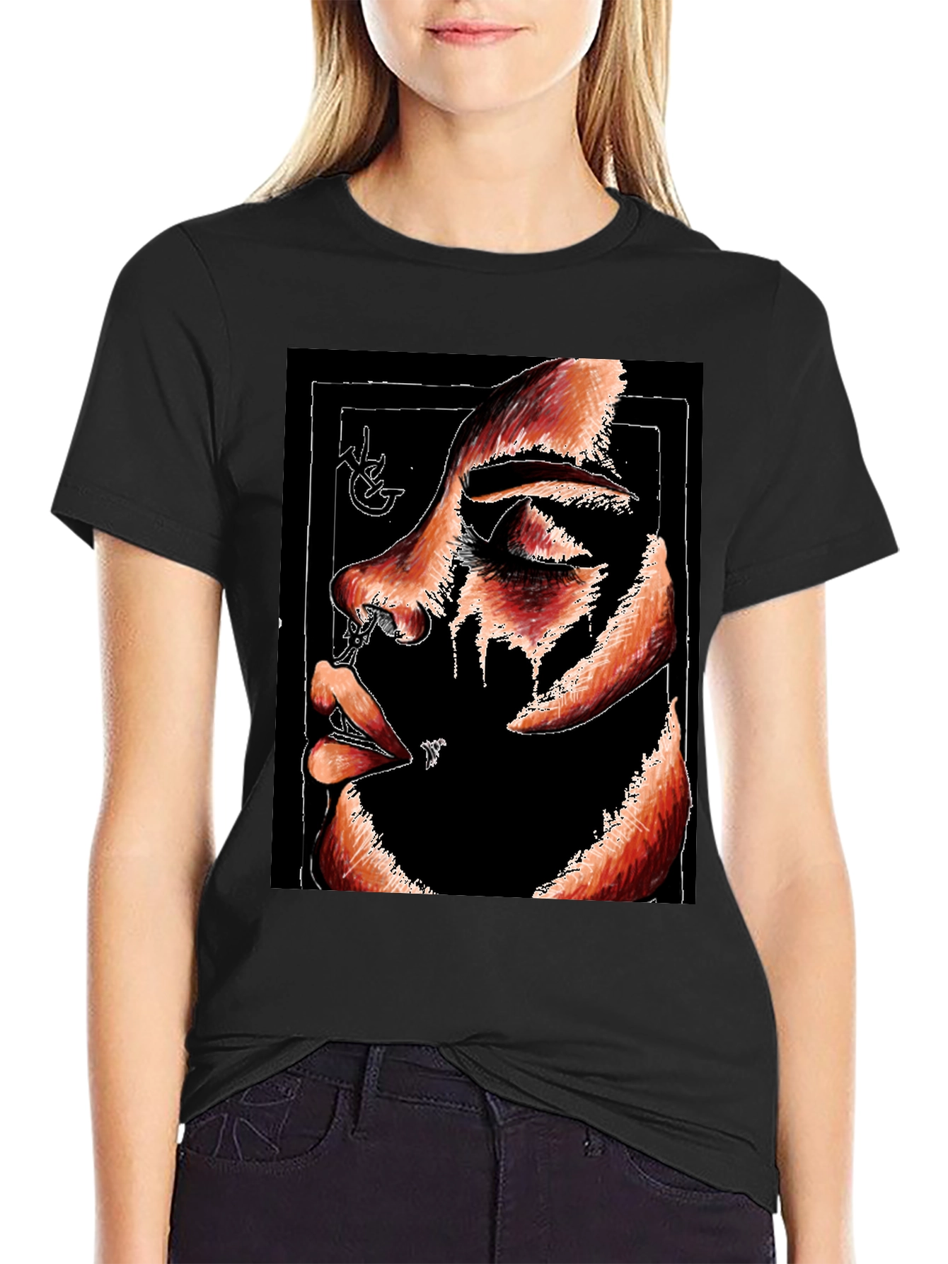 Abstract Face Graphic Print Black T-Shirt