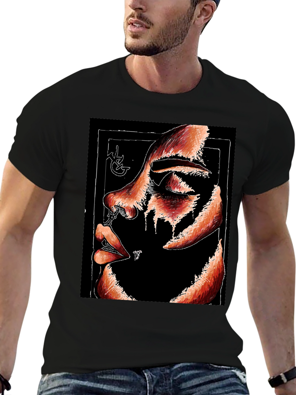 Abstract Face Graphic Print Black T-Shirt