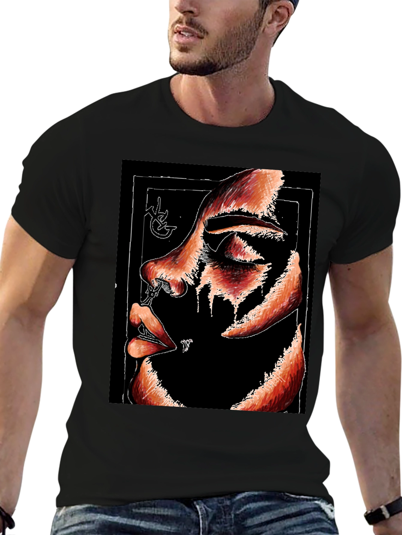 Abstract Face Graphic Print Black T-Shirt