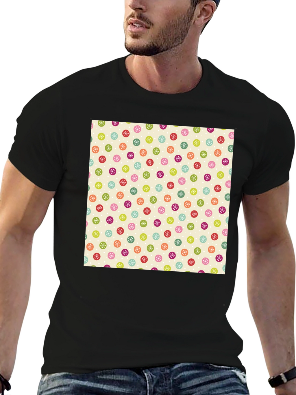 Festive Floral Pattern Black T-Shirt