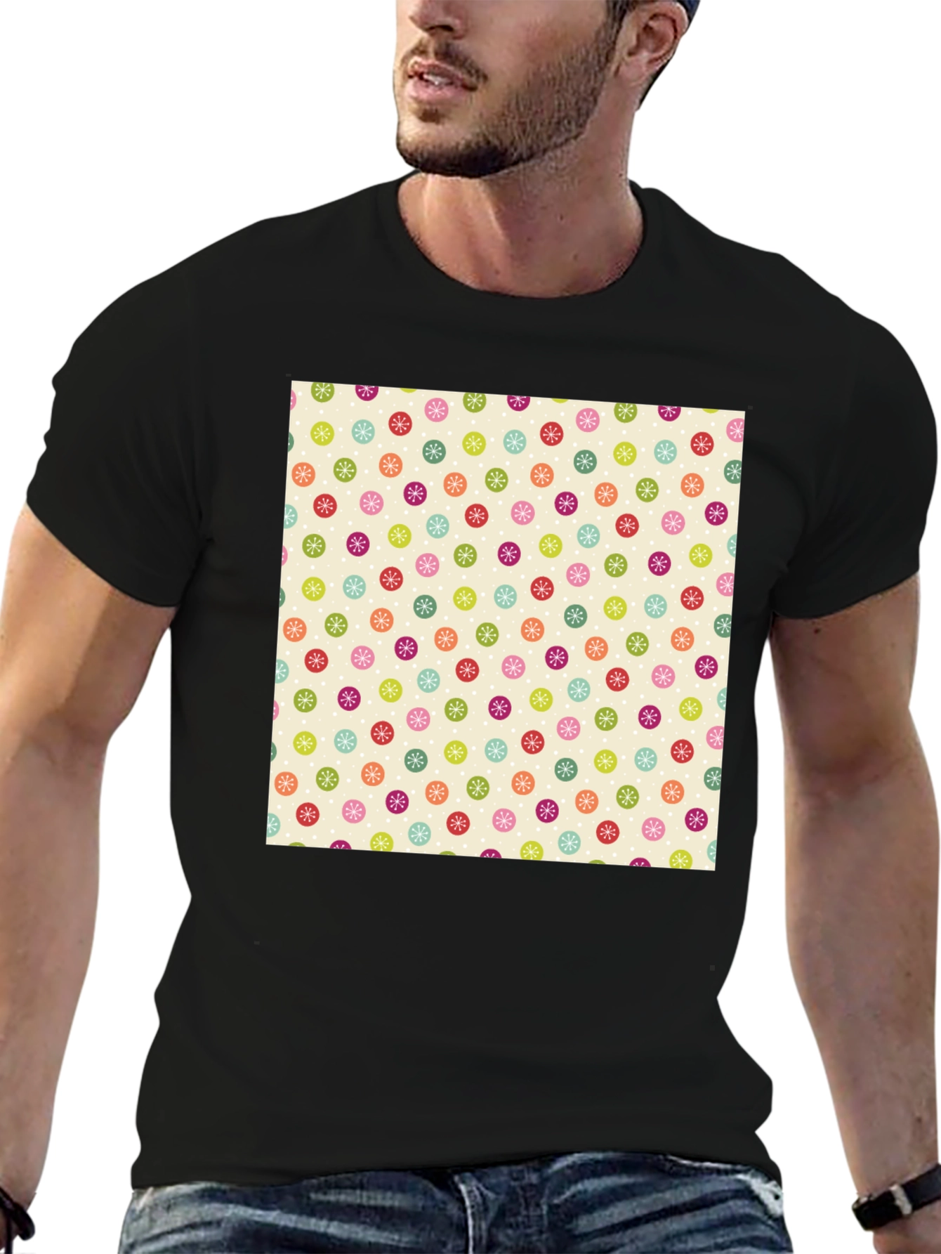 Festive Floral Pattern Black T-Shirt
